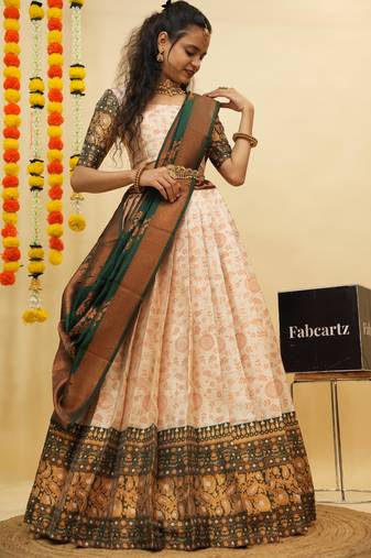 Beautiful South Indian Style Semi-Stitched Half Saree with Blouse and Banarasi Dupatta for Women