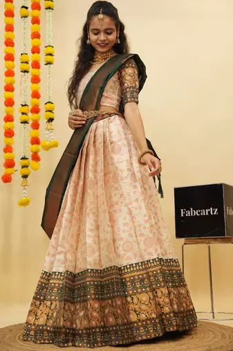 Beautiful South Indian Style Semi-Stitched Half Saree with Blouse and Banarasi Dupatta for Women