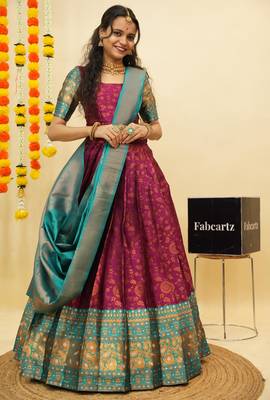 Beautiful South Indian Style Semi-Stitched Half Saree with Blouse and Banarasi Dupatta for Women 1