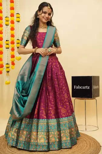 Beautiful South Indian Style Semi-Stitched Half Saree with Blouse and Banarasi Dupatta for Women