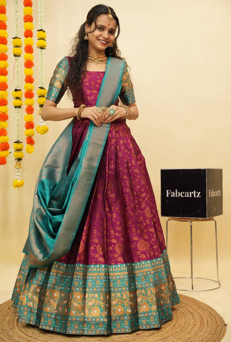 Beautiful South Indian Style Semi-Stitched Half Saree with Blouse and Banarasi Dupatta for Women