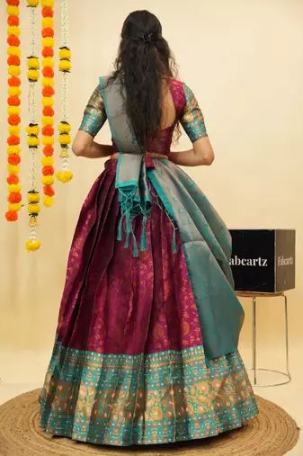Beautiful South Indian Style Semi-Stitched Half Saree with Blouse and Banarasi Dupatta for Women