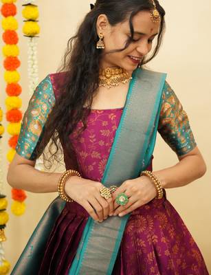 Beautiful South Indian Style Semi-Stitched Half Saree with Blouse and Banarasi Dupatta for Women 4