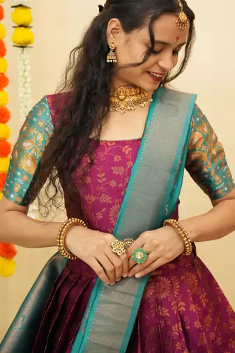 Beautiful South Indian Style Semi-Stitched Half Saree with Blouse and Banarasi Dupatta for Women