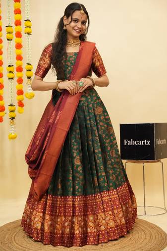 Beautiful South Indian Style Semi-Stitched Half Saree with Blouse and Banarasi Dupatta for Women