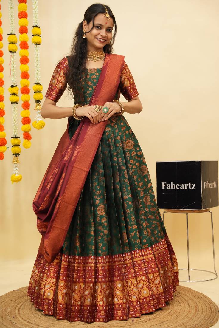 Beautiful South Indian Style Semi-Stitched Half Saree with Blouse and Banarasi Dupatta for Women