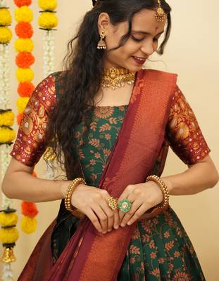 Beautiful South Indian Style Semi-Stitched Half Saree with Blouse and Banarasi Dupatta for Women 4