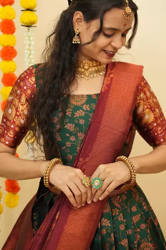 Beautiful South Indian Style Semi-Stitched Half Saree with Blouse and Banarasi Dupatta for Women