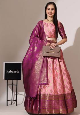 Beautiful South Indian Style Semi-Stitched Half Saree with Blouse and Banarasi Dupatta for Women 1