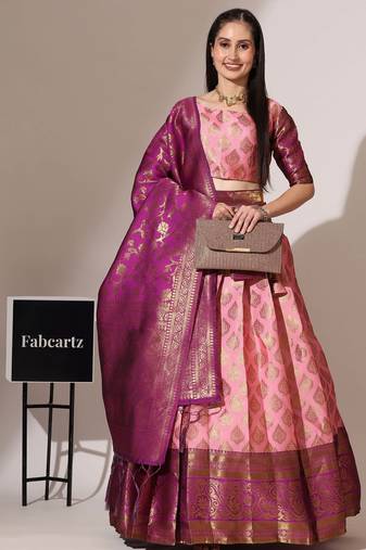 Beautiful South Indian Style Semi-Stitched Half Saree with Blouse and Banarasi Dupatta for Women