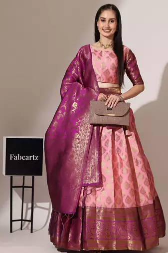 Beautiful South Indian Style Semi-Stitched Half Saree with Blouse and Banarasi Dupatta for Women