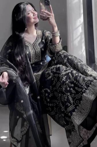 Black & gold embroidered sharara set