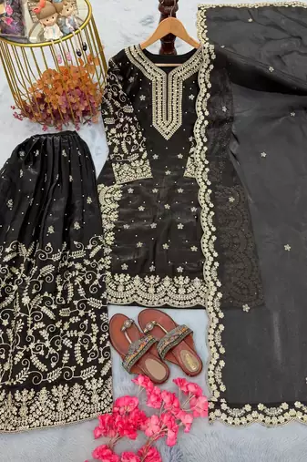 Black & gold embroidered sharara set