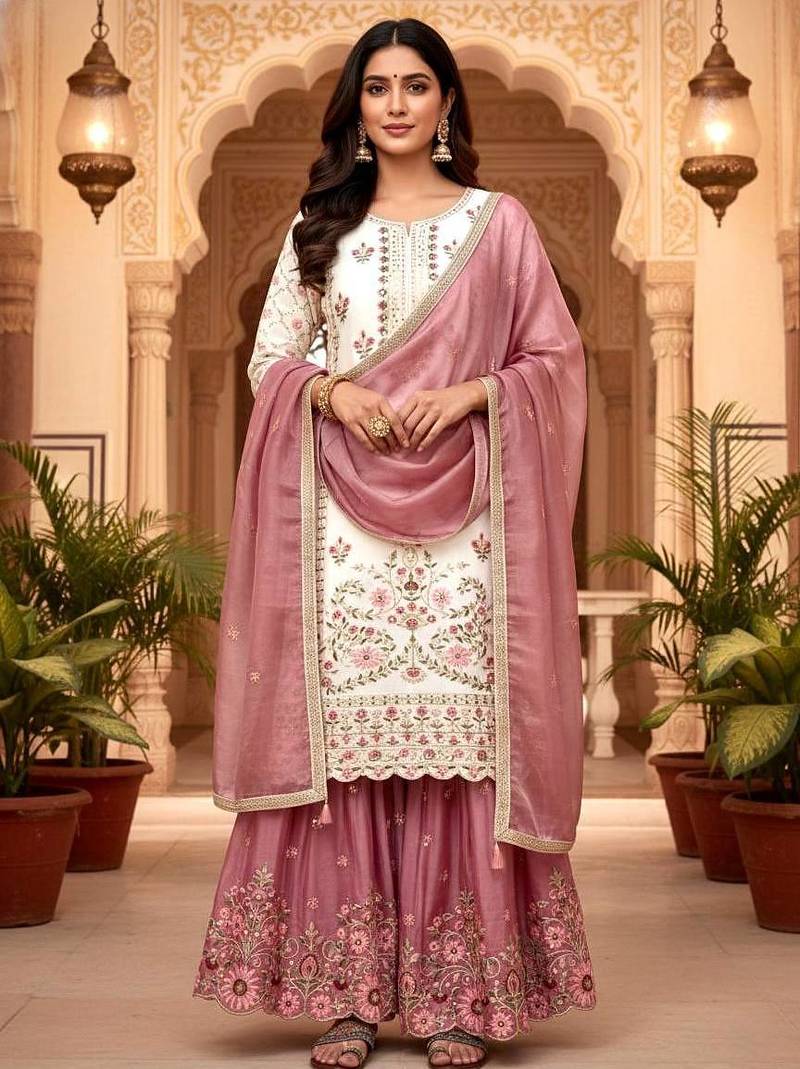 White&pink floral sharara suit