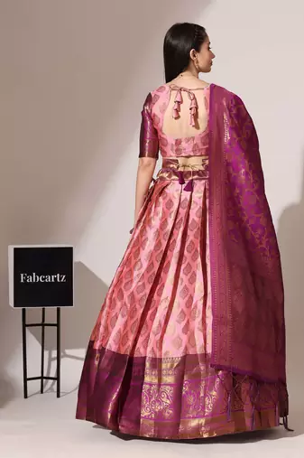 Beautiful South Indian Style Semi-Stitched Half Saree with Blouse and Banarasi Dupatta for Women