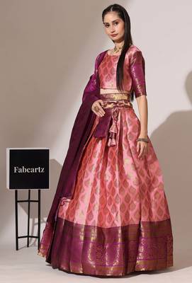 Beautiful South Indian Style Semi-Stitched Half Saree with Blouse and Banarasi Dupatta for Women 4