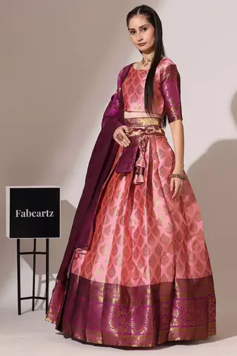 Beautiful South Indian Style Semi-Stitched Half Saree with Blouse and Banarasi Dupatta for Women