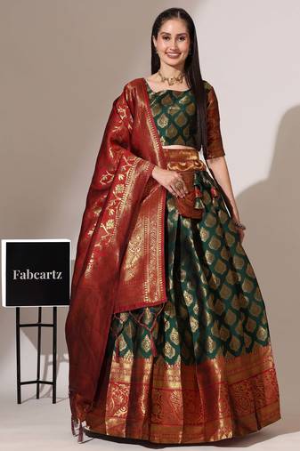 Beautiful South Indian Style Semi-Stitched Half Saree with Blouse and Banarasi Dupatta for Women