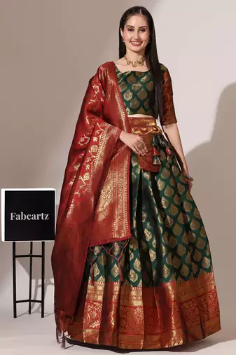Beautiful South Indian Style Semi-Stitched Half Saree with Blouse and Banarasi Dupatta for Women