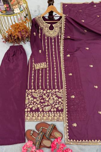 Purple embroidered straight suit