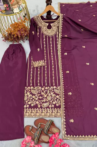 Purple embroidered straight suit