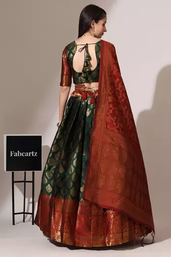 Beautiful South Indian Style Semi-Stitched Half Saree with Blouse and Banarasi Dupatta for Women