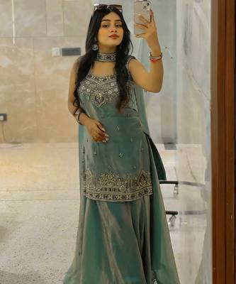 Teal green embroidered sharara set 2