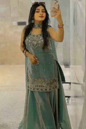 Teal green embroidered sharara set
