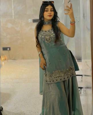 Teal green embroidered sharara set 3