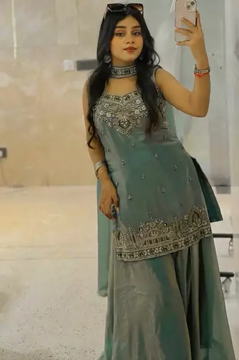 Teal green embroidered sharara set