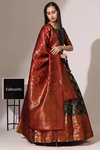 Beautiful South Indian Style Semi-Stitched Half Saree with Blouse and Banarasi Dupatta for Women