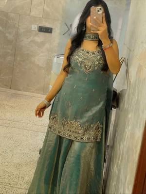 Teal green embroidered sharara set 1