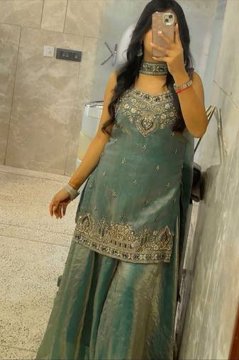 Teal green embroidered sharara set