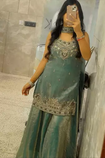 Teal green embroidered sharara set