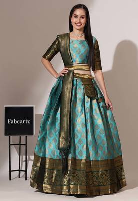 Beautiful South Indian Style Semi-Stitched Half Saree with Blouse and Banarasi Dupatta for Women 1