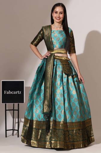 Beautiful South Indian Style Semi-Stitched Half Saree with Blouse and Banarasi Dupatta for Women