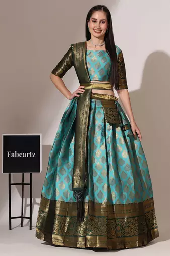 Beautiful South Indian Style Semi-Stitched Half Saree with Blouse and Banarasi Dupatta for Women