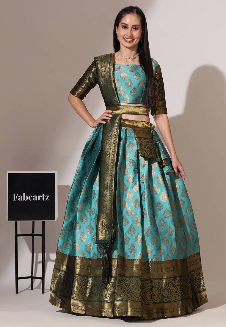 Beautiful South Indian Style Semi-Stitched Half Saree with Blouse and Banarasi Dupatta for Women