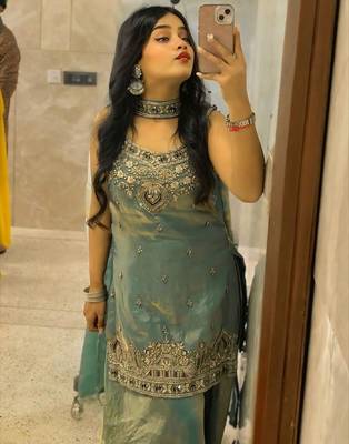 Teal green embroidered sharara set 4