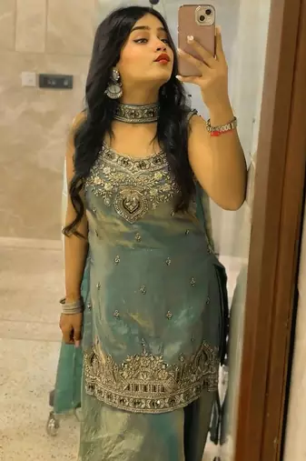 Teal green embroidered sharara set