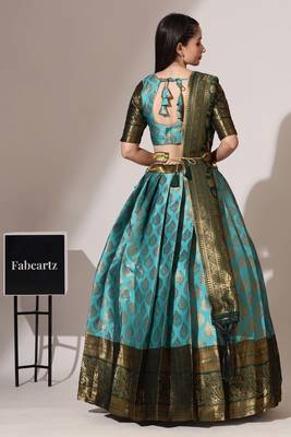 Beautiful South Indian Style Semi-Stitched Half Saree with Blouse and Banarasi Dupatta for Women 3