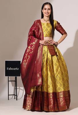 Beautiful South Indian Style Semi-Stitched Half Saree with Blouse and Banarasi Dupatta for Women 1