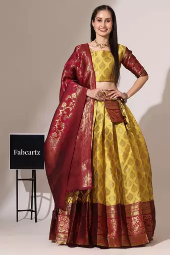 Beautiful South Indian Style Semi-Stitched Half Saree with Blouse and Banarasi Dupatta for Women
