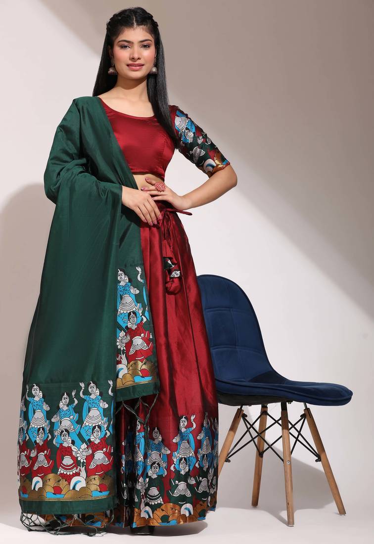 Beautiful South Indian Style Semi-Stitched Half Saree with Blouse and Banarasi Dupatta for Women