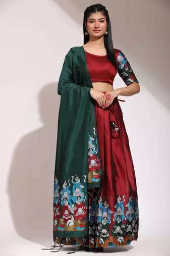 Beautiful South Indian Style Semi-Stitched Half Saree with Blouse and Banarasi Dupatta for Women