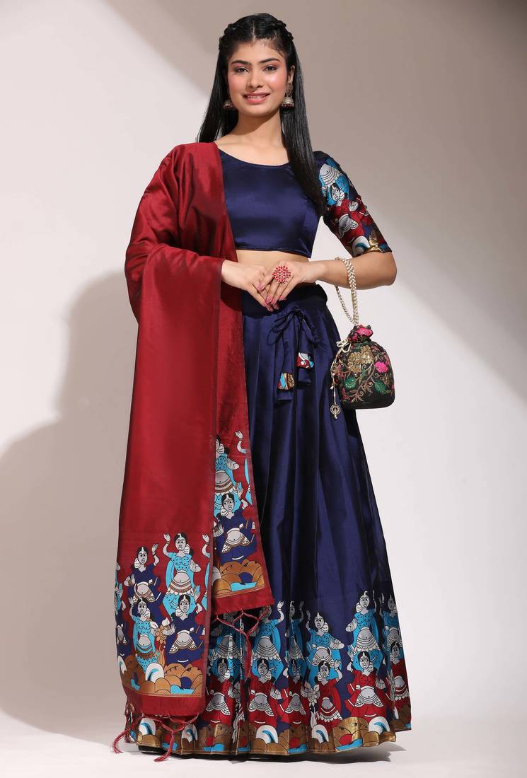 Beautiful South Indian Style Semi-Stitched Half Saree with Blouse and Banarasi Dupatta for Women