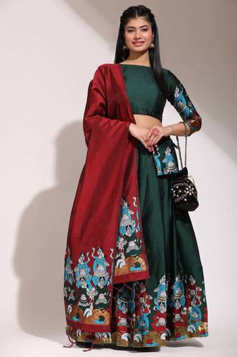 Beautiful South Indian Style Semi-Stitched Half Saree with Blouse and Banarasi Dupatta for Women