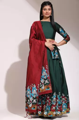 Beautiful South Indian Style Semi-Stitched Half Saree with Blouse and Banarasi Dupatta for Women