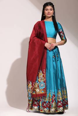 Beautiful South Indian Style Semi-Stitched Half Saree with Blouse and Banarasi Dupatta for Women 1