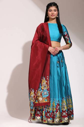 Beautiful South Indian Style Semi-Stitched Half Saree with Blouse and Banarasi Dupatta for Women